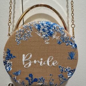 Elegant Tan and Blue Embroidered Bride Bag